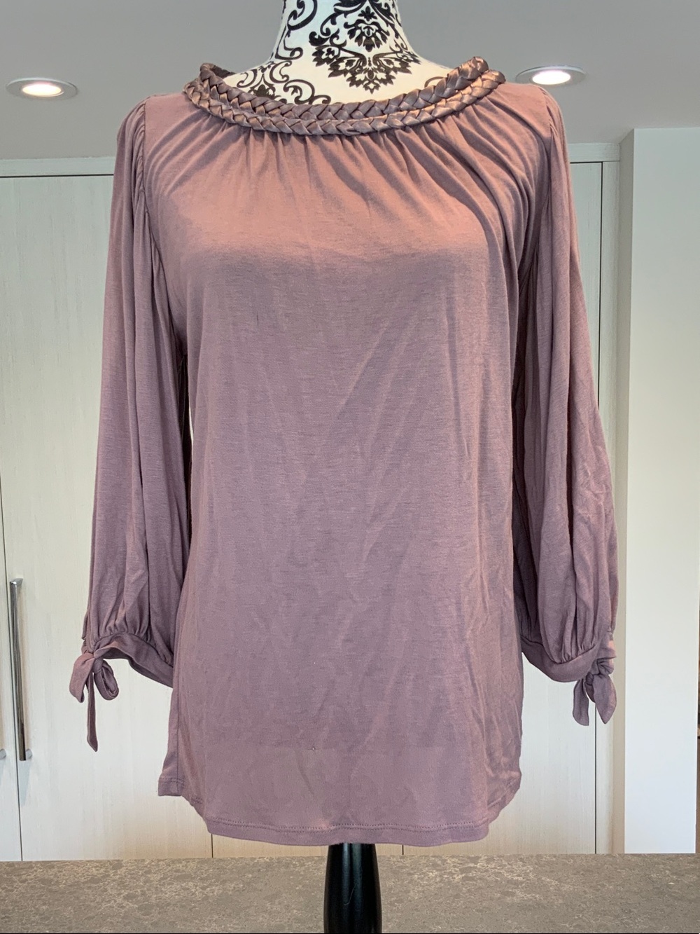 Braided-Neck Long-Sleeve Blouse in Mauve